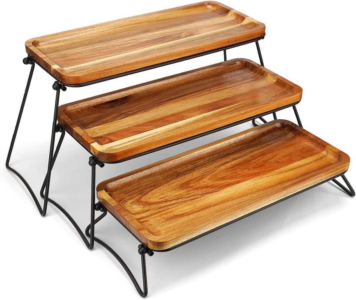 3 Tier Cupcake Stand and Towers Large Serving Tray for Party Acacia Wooden Dessert Table Display Set Decorative Tray Tiered Tray Decor Small Chees Charcuterie Boards Rustic Wood Serving Platters Trays