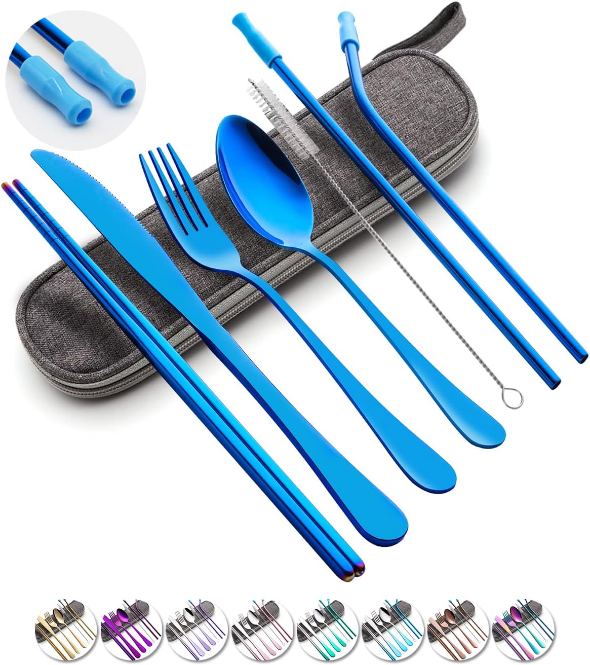 Travel Utensils Set with Case Reusable Portable Cutlery Set Stainless Steel 8pcs Including Dinner Knife Fork Spoon Chopsticks Straws(Rainbow)