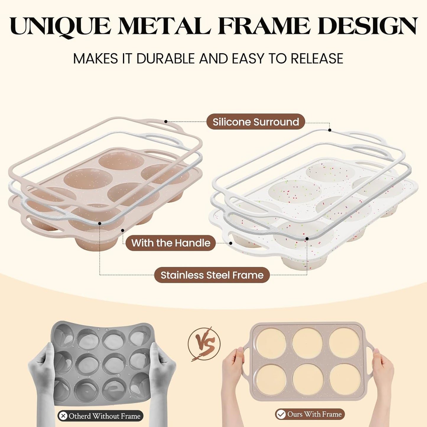 Vinino 2Pack Silicone Muffin Pans for Baking with Metal Reinforced Frame, 12 Cups Regular Size Nonstick Silicone Cupcake Pan, BPA Free Oven Dishwasher Safe Baking Mold for Muffins Cupcakes
