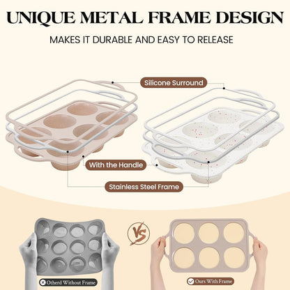Vinino 2Pack Silicone Muffin Pans for Baking with Metal Reinforced Frame, 12 Cups Regular Size Nonstick Silicone Cupcake Pan, BPA Free Oven Dishwasher Safe Baking Mold for Muffins Cupcakes