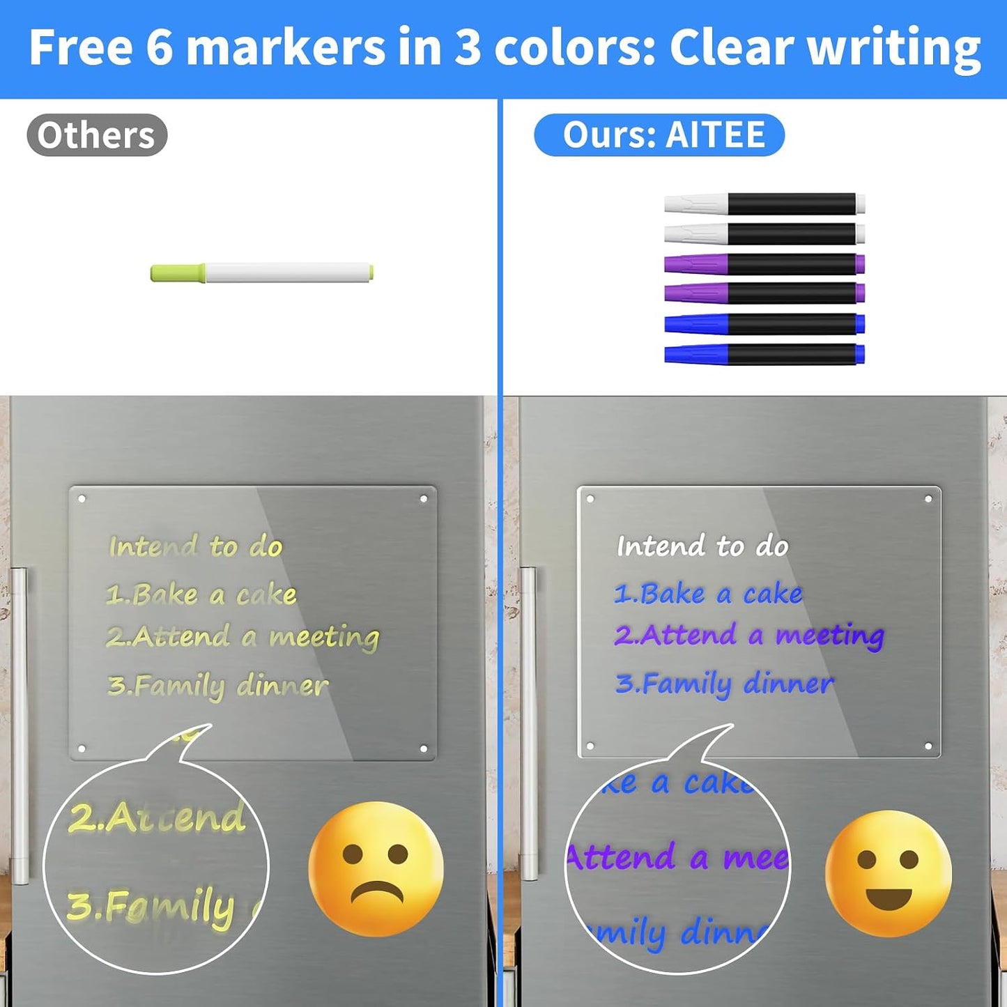 AITEE All-in-One Magnetic Dry Erase Board for Fridge, 2-Pack Acrylic Calendar & Memo Set with 6 Markers (3 Colors), Eraser, Holder, Reusable 16x12 Inch Planner