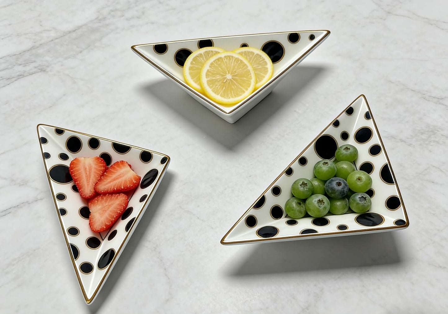 Porlien Triangle Porcelain Divided Serving Tray Set of 3 with Stand, Black and White Polka Dot Serving Platters, Small Plates for Desserts, Appetizers,Snacks, Fruits,Chips & Dip