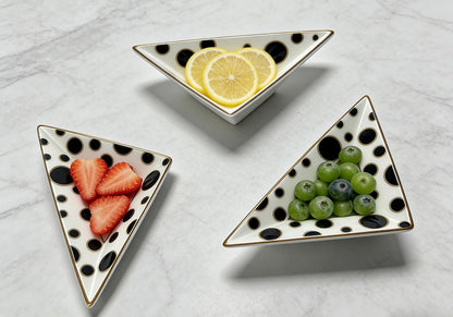 Porlien Triangle Porcelain Divided Serving Tray Set of 3 with Stand, Black and White Polka Dot Serving Platters, Small Plates for Desserts, Appetizers,Snacks, Fruits,Chips & Dip