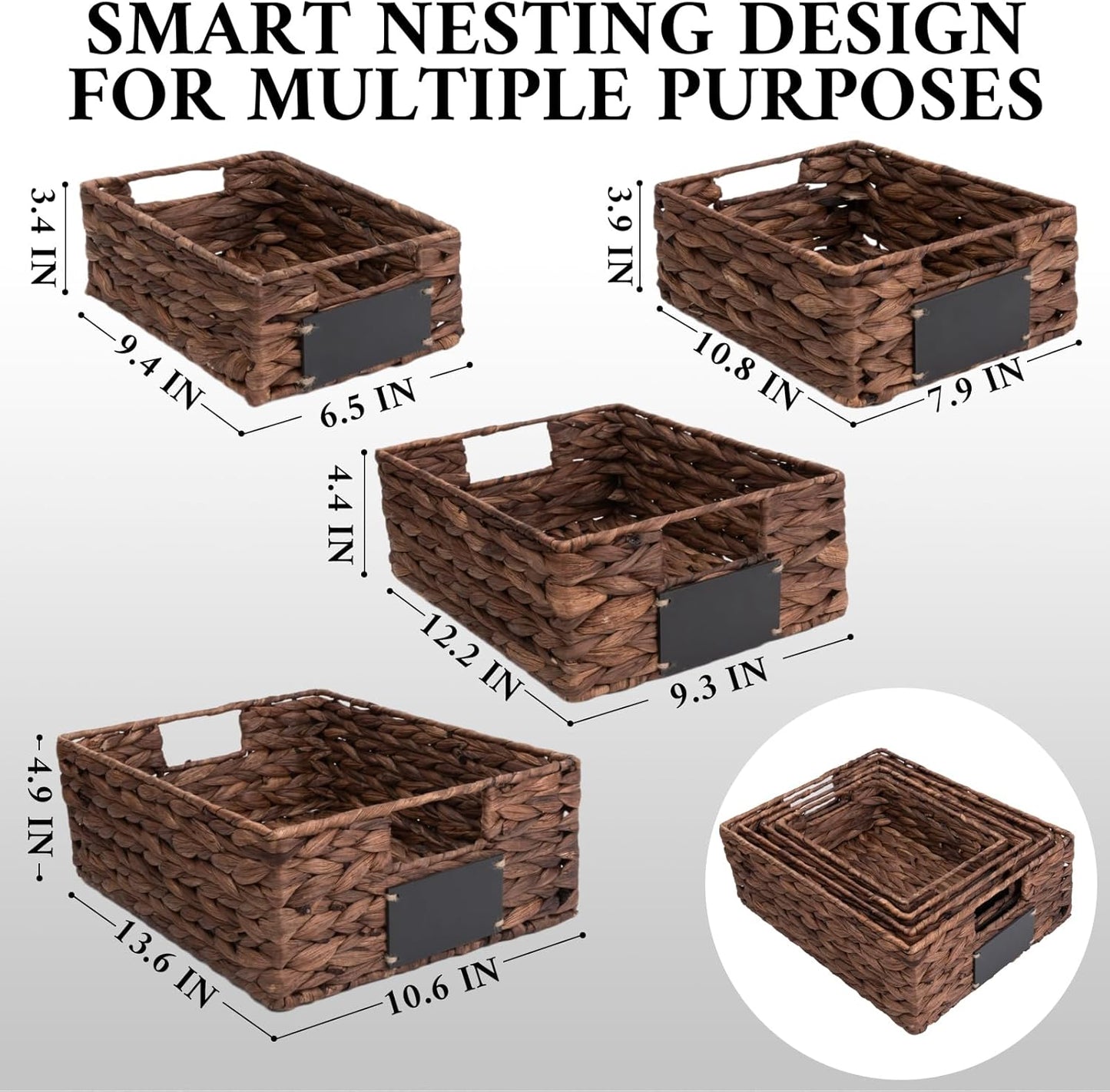 Set of 4 Sizes Hand-Woven Pantry Shelf Baskets, Hyacinth Storage Baskets with Chalkboard Labels & 2 Chalk Markers, Wicker Nestable Basket Set for Organizing Pantry Kitchen Laundry Shelves (Brown)