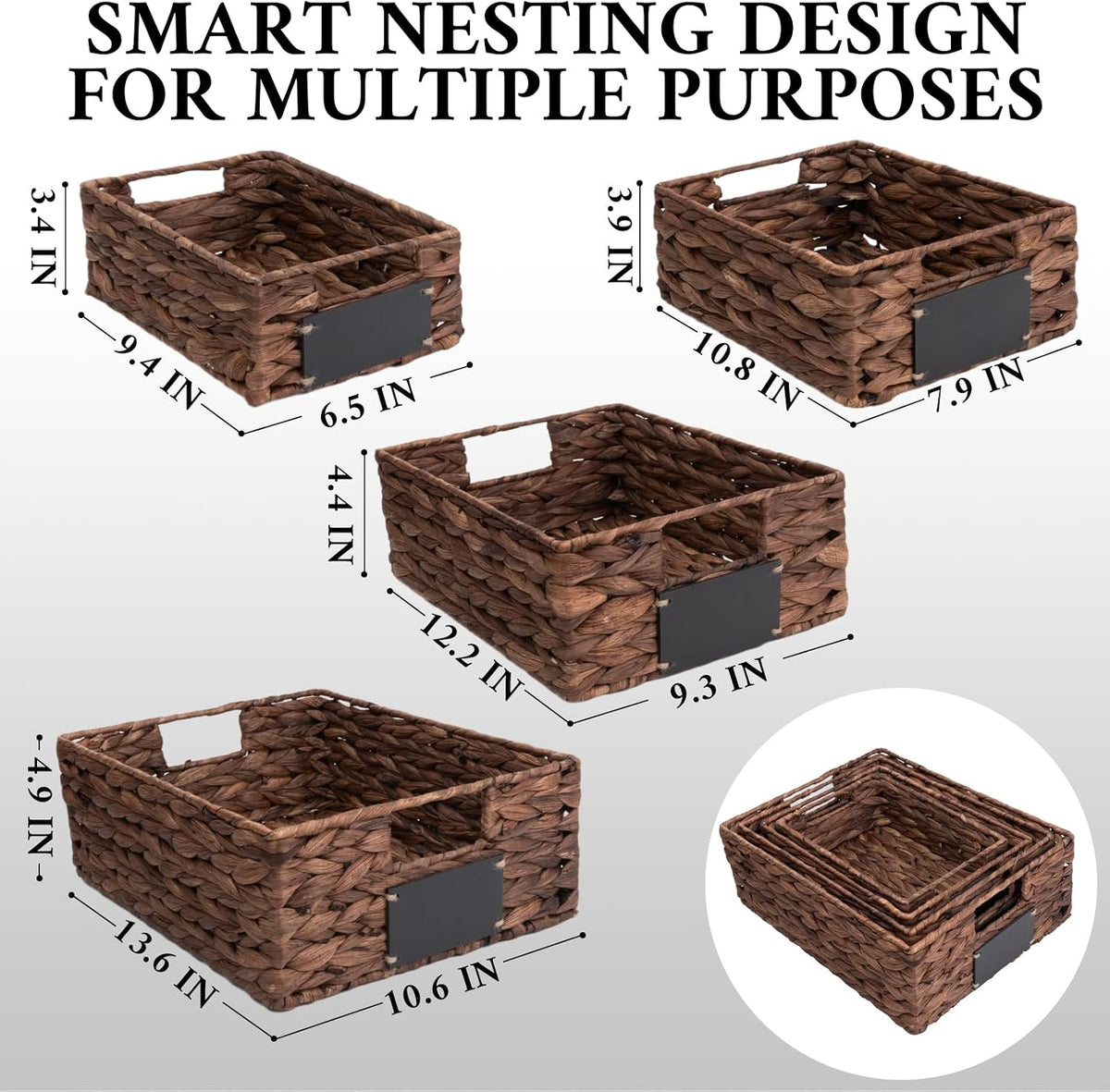 Set of 4 Sizes Hand-Woven Pantry Shelf Baskets, Hyacinth Storage Baskets with Chalkboard Labels & 2 Chalk Markers, Wicker Nestable Basket Set for Organizing Pantry Kitchen Laundry Shelves (Brown)