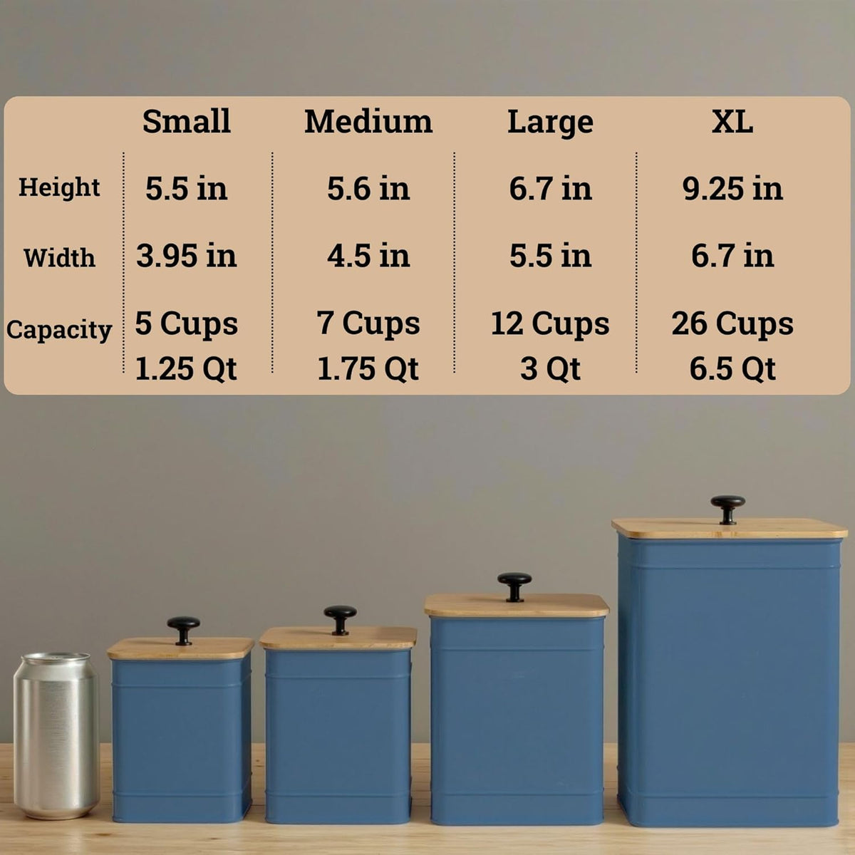Kitchen Canisters for Countertop Set of 4 w/ Chalkboard Labels & Marker Pen | Airtight Easy Open Bamboo Lids, Dent-Resistant Thick Metal, Customizable Chalkboard Labels, Marker Pen Included, Set of 4