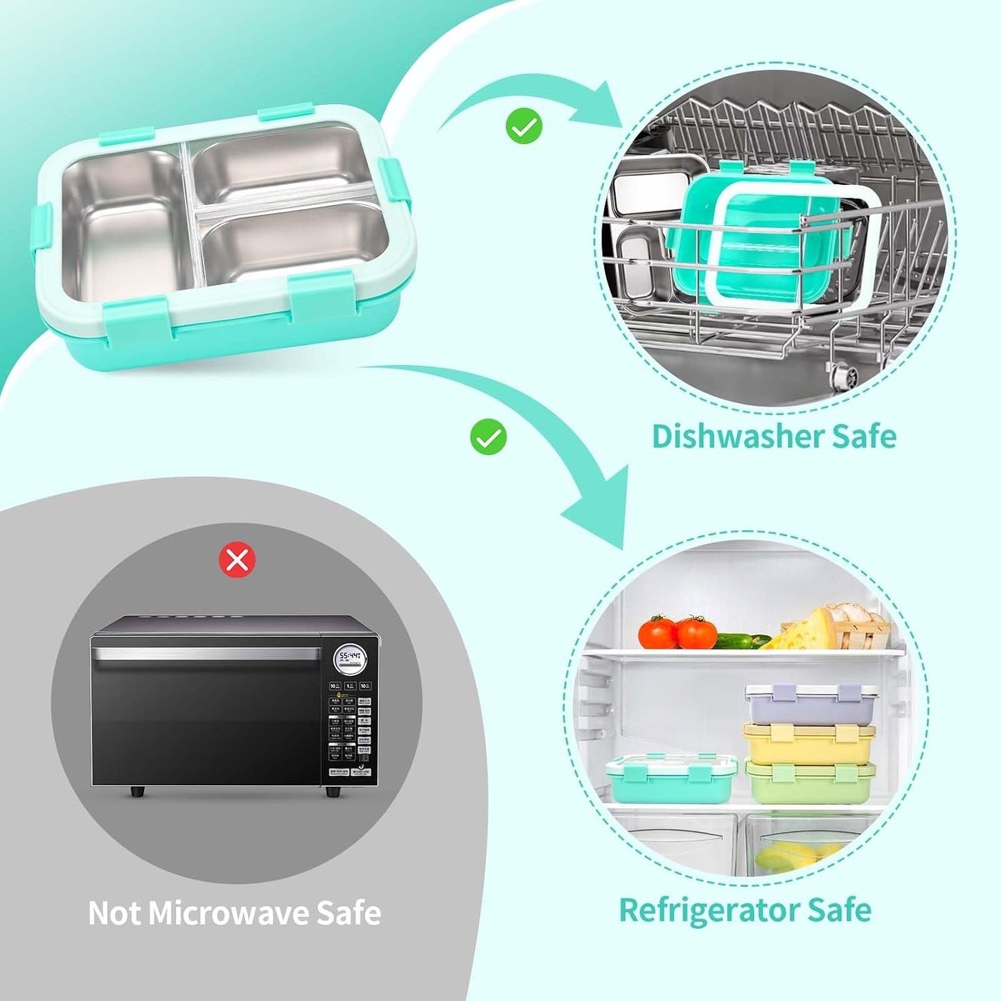 Kids Stainless Steel Bento Box, 3 Compartments Leakproof Lunch Box, Portable Food Storage Containers with Silicone Lids BPA-Free for Office, Picnics, Travel, Blue