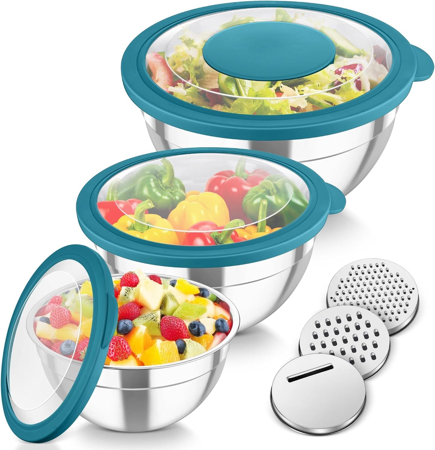 TeamFar Mixing Bowls, Stainless Steel Nesting Salad Bowls with Lids Set of 3 & 3 Grater Attachments, For Mixing/Serving/Storing, Non-toxic & Long-lasting, Size 4.6/3 / 1.5 QT, Black