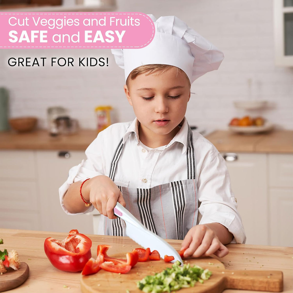 Zulay Kitchen 3-Piece Kids Knife Set for Real Cooking & Baking - Toddler Knives for Cutting Fruits, Veggies, & Cake - Children’s Montessori Knive with Serrated Edges - Safe & Fun Lettuce Knife (Red)