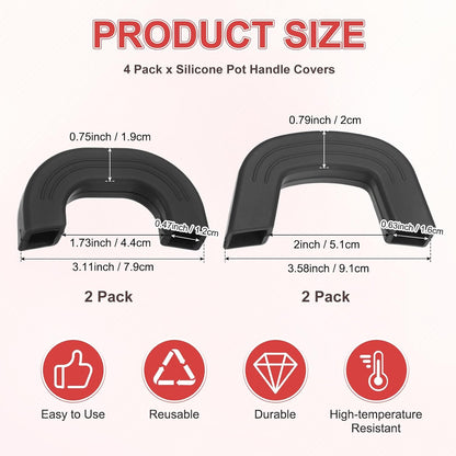 M METERXITY 4-Pack Silicone Pot Handle Covers, Heat Resistant Non-Slip Pot Holder Handle Sleeve for Skillet/Wok Cooking [9.1cm 7.9cm, Black]