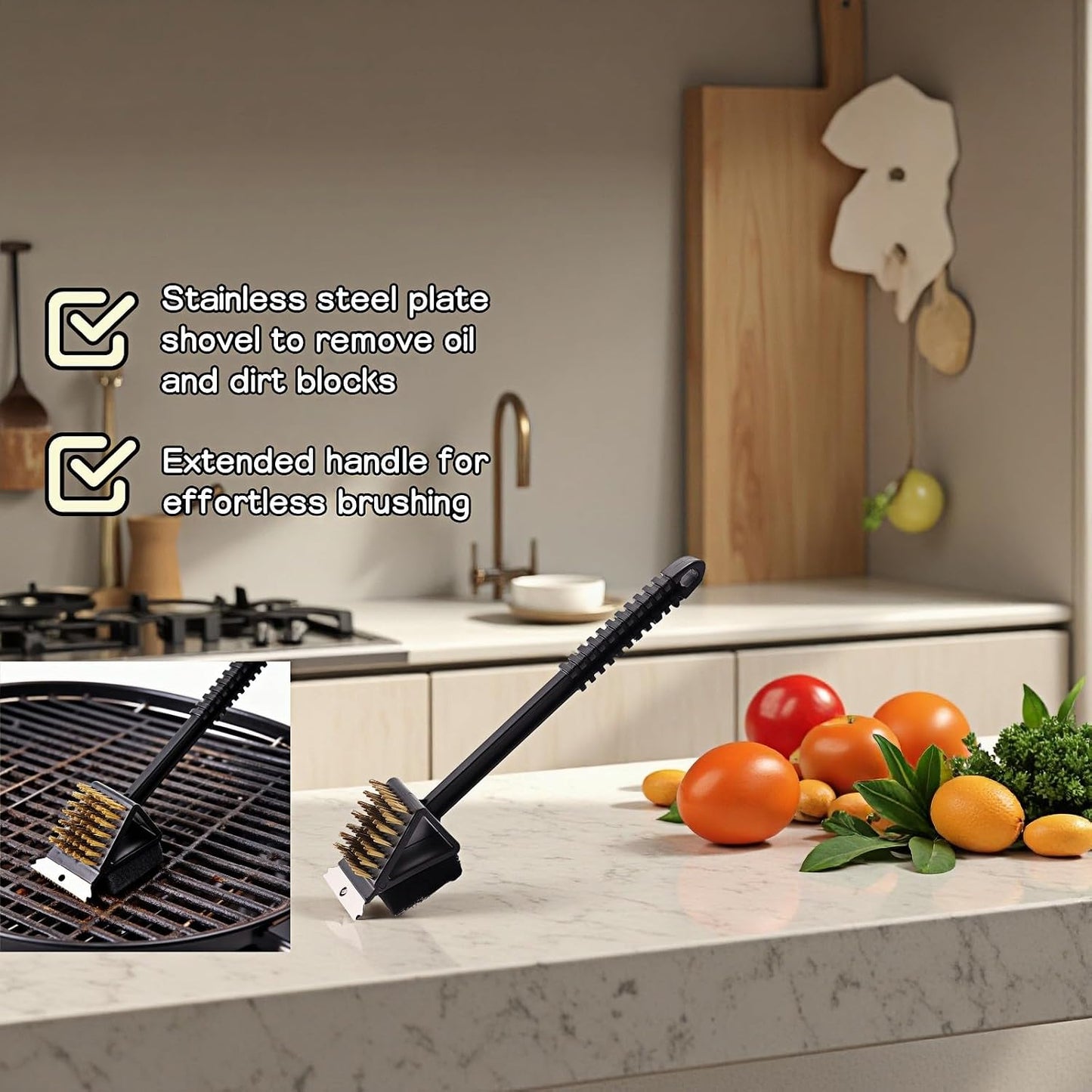 3-in-1 Grill Brush with Scraper & Scrub Pad, 14.5" Long Handle Brass Brush for BBQ Grill Cleaning, Heavy Duty Copper Bristles, Rust-Proof, Hanging Hook, Safe for Gas/Charcoal Grills
