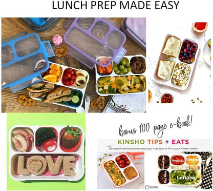 Bento Lunch Box for Kids or Adults, Snack Containers for Boys, Girls, School Daycare Work, 3 Divided Compartments Meal Planning Portion Control, BPA-Free Boxes, Utensils | Blue Purple 2 pack