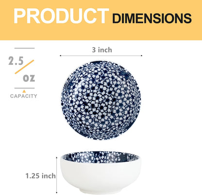 Japanese Style Ceramic Dipping Bowls,3'' Small Pinch Bowls Set Side Sauce Cups,Dishes for Sushi,Snack and Soy,BBQ,2.5 Oz Blue and White Mini Bowl for Kitchen Prep - Set of 6 (3 inch)
