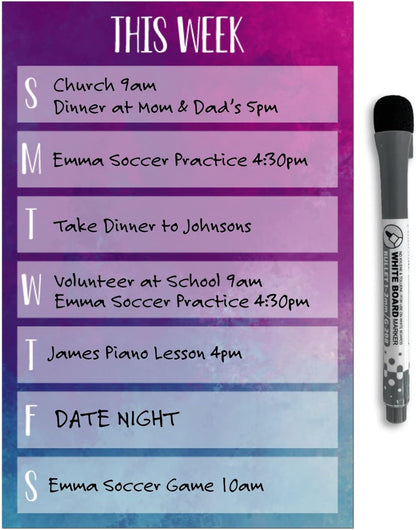 Dry Erase Weekly Calendar Planner Sticker Decal | Removable & Reusable | Magnetic Fine-Tip Marker Included (6 x 9 inches, White)