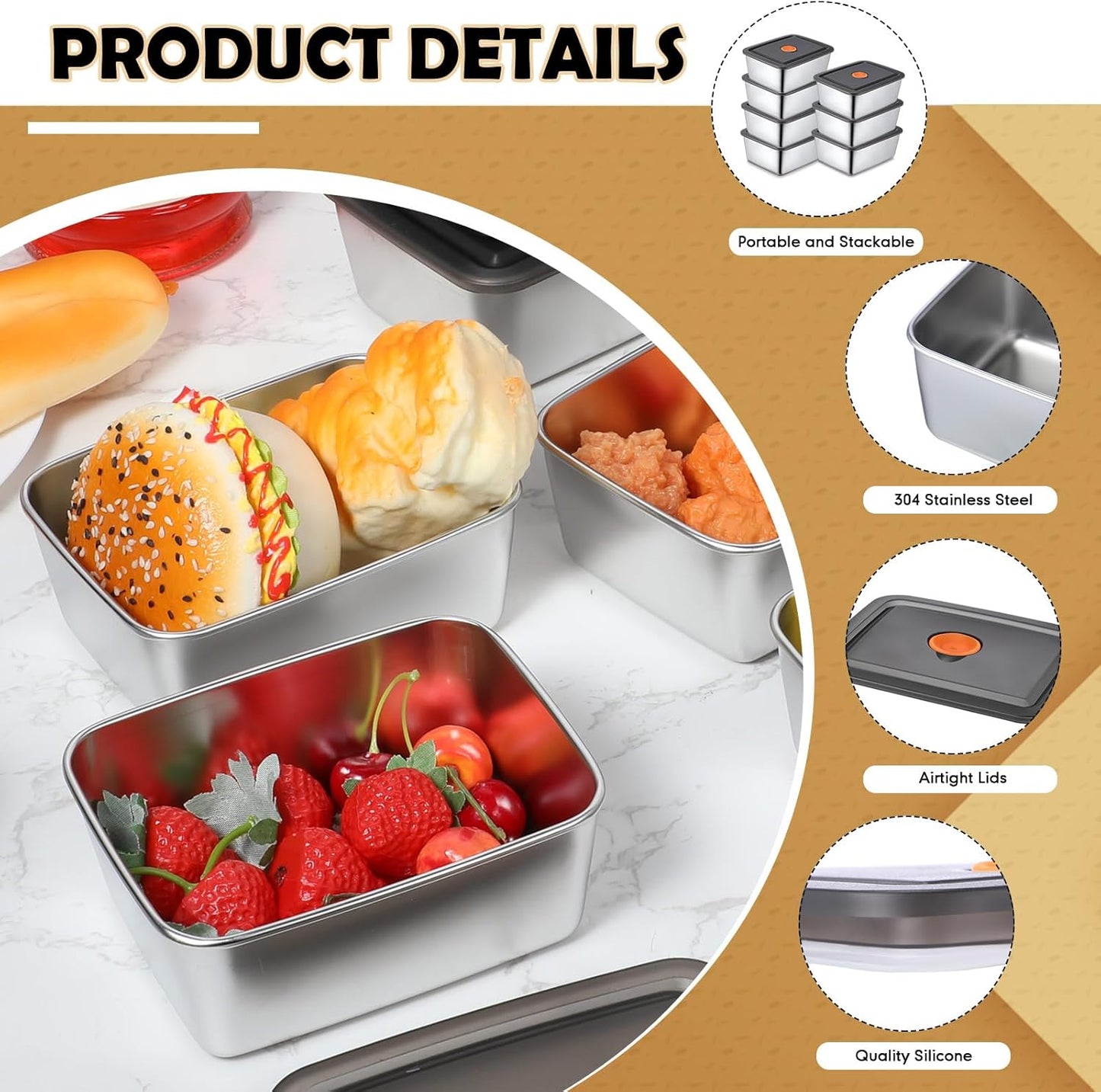 Layhit 10 Set Stainless Steel Food Containers with Lids Metal Marinating Snack Containers Box for Lunch, Leftovers, Dishwasher & Freezer Safe (18 oz)