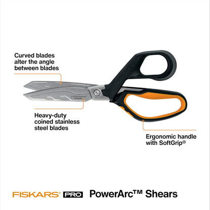 Fiskars Pro PowerArc Shop Shears, Heavy Duty Stainless Steel Scissor, Industrial Grade Tool for Building and Construction, 10 in, Orange/Black