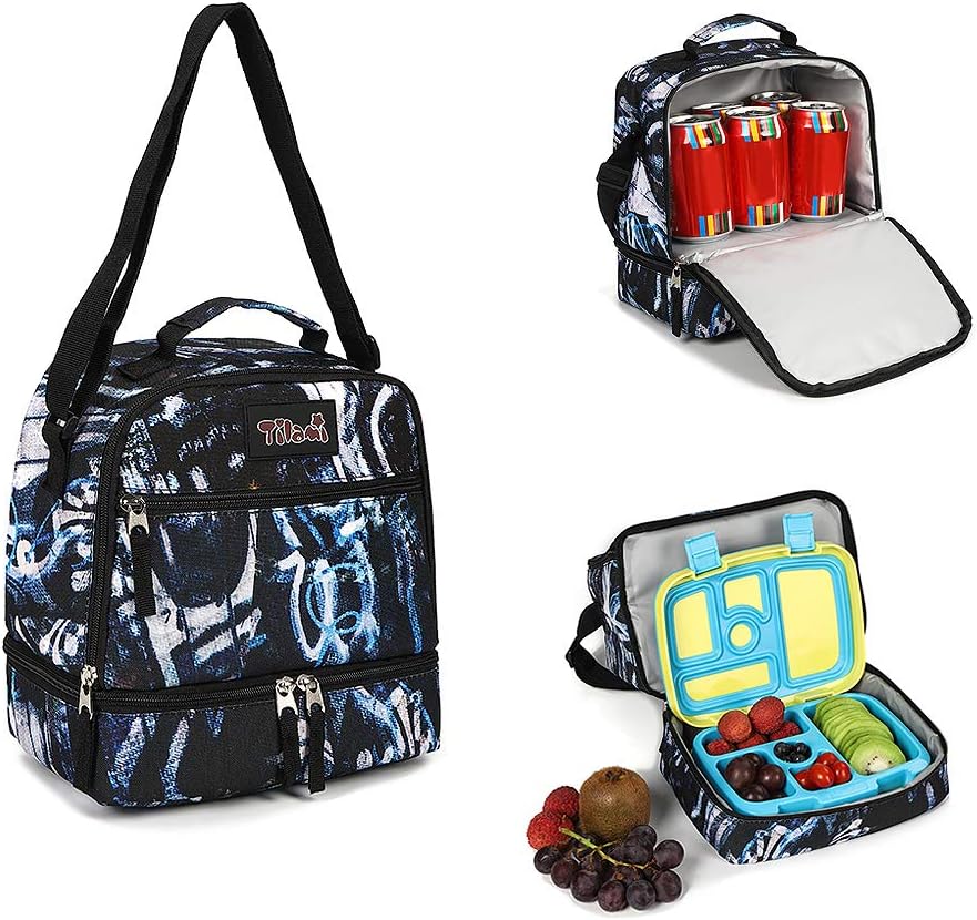 Tilami Lunch Bags Insulated Adjustable Strap Zipper, Two Compartments Cooler Bags, Bento Bags for Kids Toddlers (Blue)