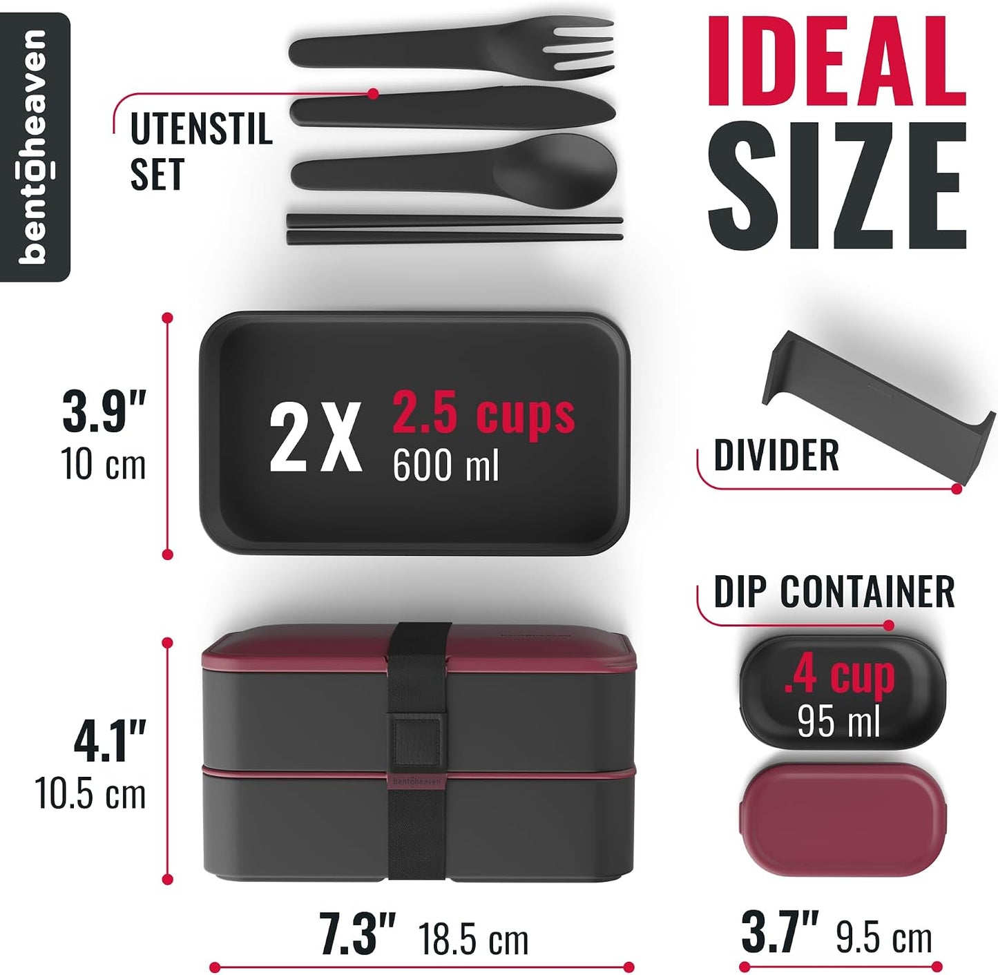 Bentoheaven Premium Bento Box Adult Lunch Box with Compartments for Women & Men, Set of Utensil & Chopsticks & Dip Container, Cute Japanese Kids Bento Lunch Box, Microwavable (Symph Onyx)