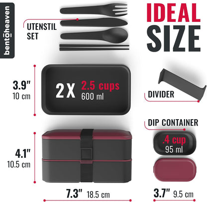 Bentoheaven Premium Bento Box Adult Lunch Box with Compartments for Women & Men, Set of Utensil & Chopsticks & Dip Container, Cute Japanese Kids Bento Lunch Box, Microwavable (Symph Onyx)