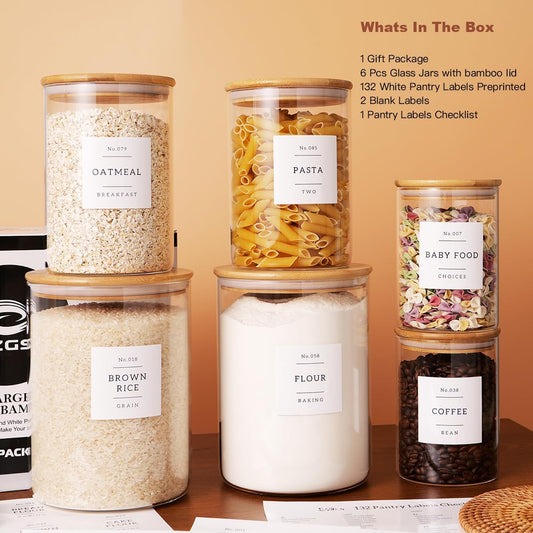 CZZGSM Set of 6 Glass Flour and Sugar jars with 132 Kitchen Pantry Labels - Thicken Large Glass Storage containers with Airtight Bamboo Lid - Rice Canisters for Salt Coffee - 100OZ/54OZ/27OZ