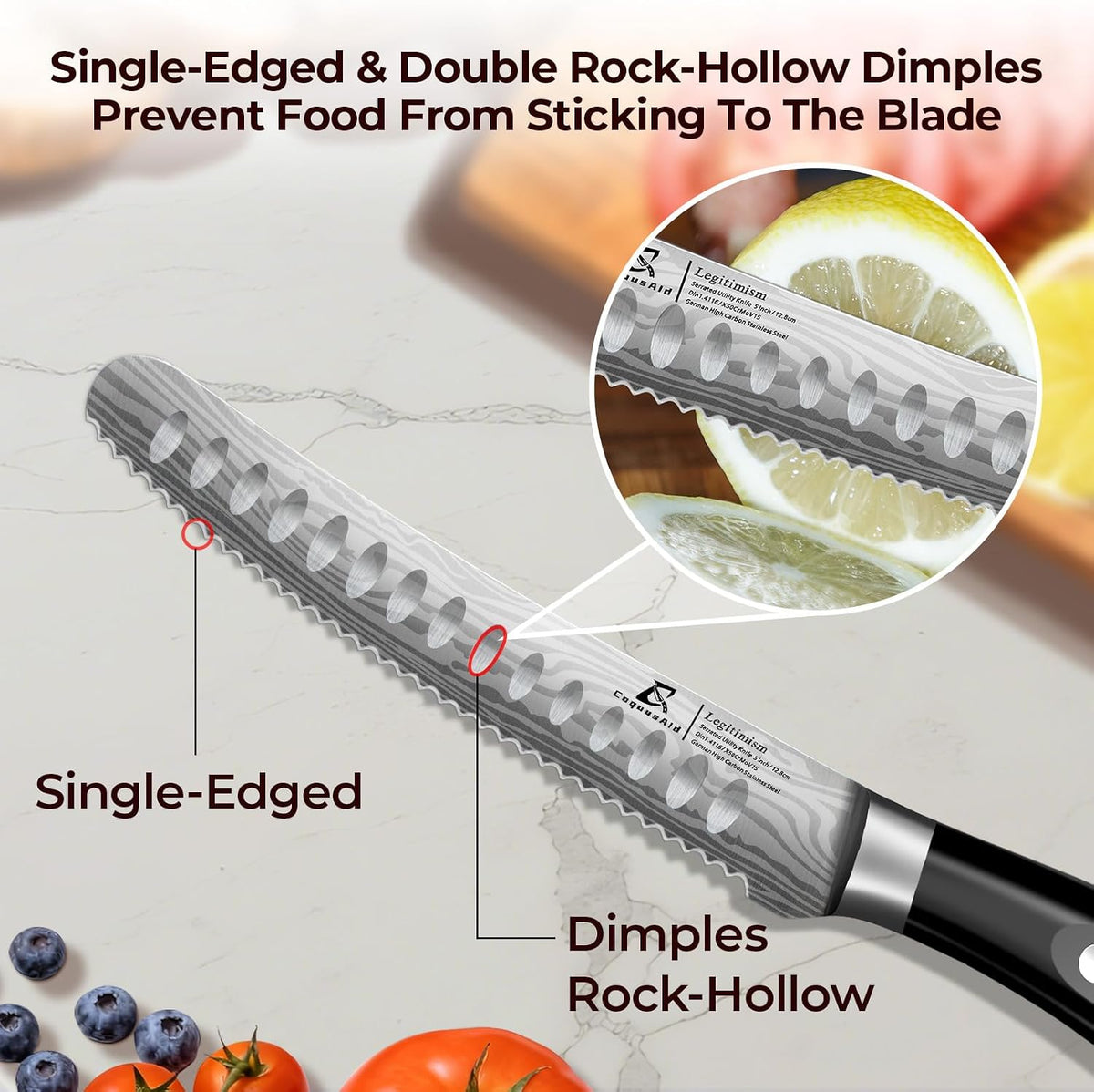CoquusAid 5 inch Kitchen Utility Knife, Serrated Blade Tomato Knife