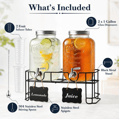 2-Pack 1-Gallon Glass Drink Dispensers with Heavy-Duty Wire Stand - 304 Stainless Steel Spigot & Mixing Spoon - 100% Leakproof Mason Jar Beverage Dispenser for Parties, Fridge, Kombucha - Wide Mouth