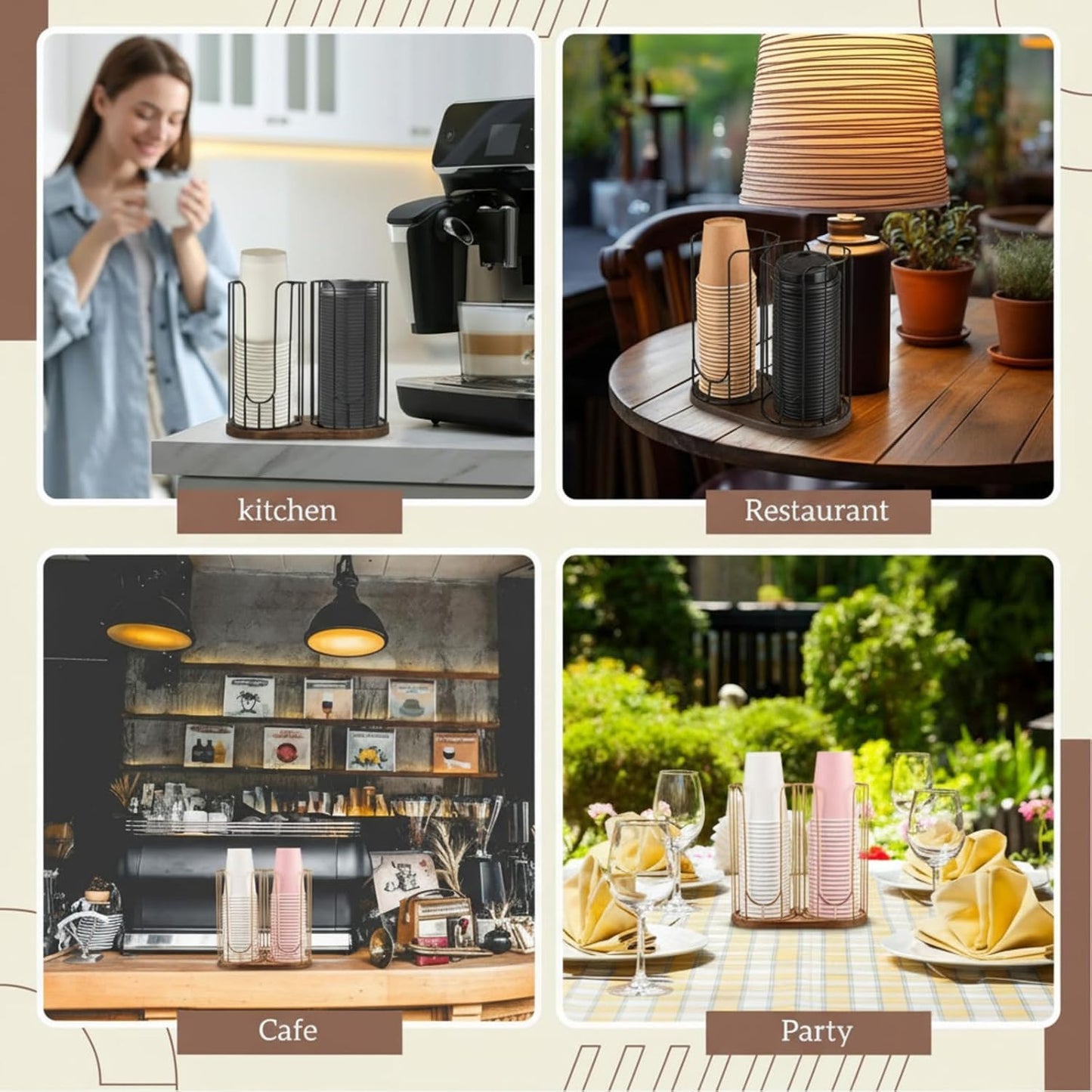 Geelin 18oz Adjustable Coffee Cup Dispenser with Wooden Base, Cup and Lid Holder, Cups Holder Organizer for Coffee Pod Straw and Lid Storage(2-compartment Single,Color 2)
