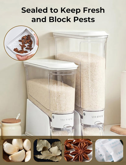 UFORU Rice Dispenser 11Lbs, Slim Rice Storage Container for Small Space, BPA-Free Clear Dry Food Dispenser Sealed Moisture Proof, Grain&Cereal Storage Bucket for Kitchen Pantry Household, Cream White