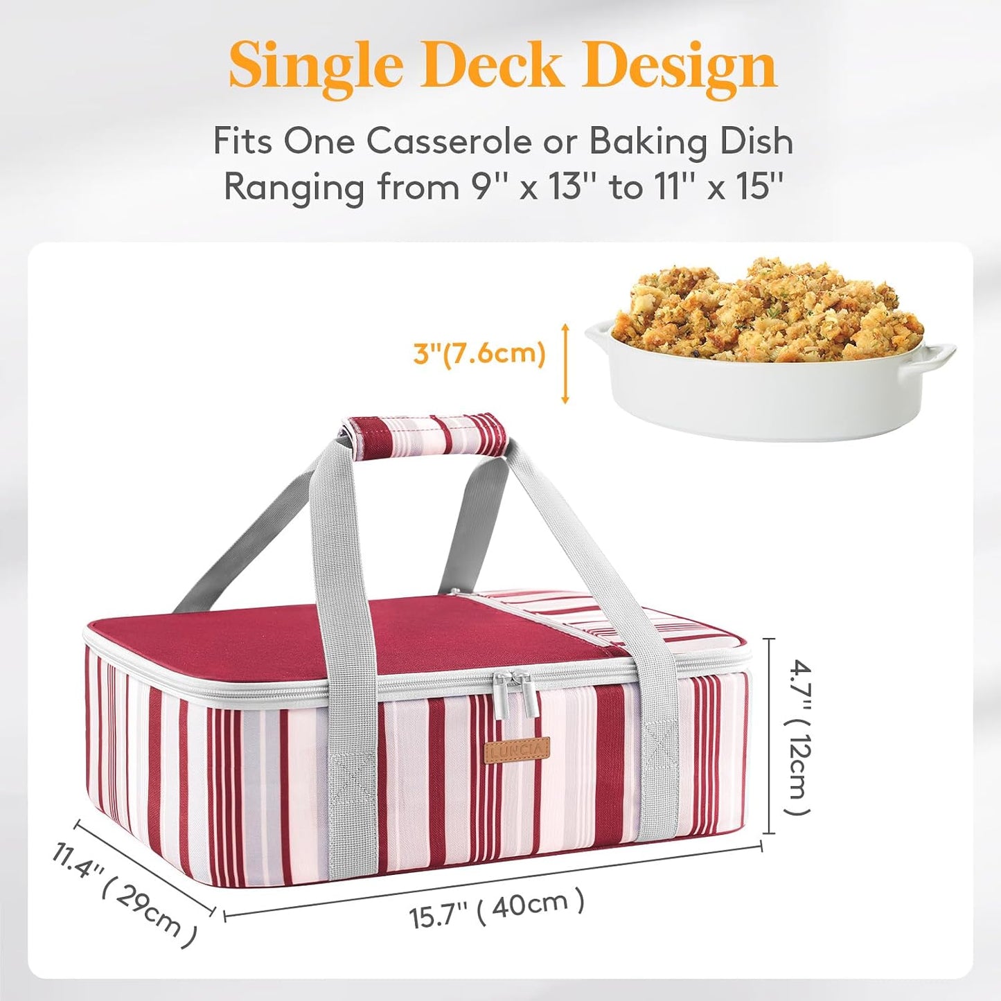 LUNCIA Insulated Single Decker Casserole Carrier, Lasagna Lugger Tote Keeps Food Hot or Cold, Thermal Lunch Bag for Potluck Parties, Picnic and Cookouts, Fits 9" x 13" Baking Dish, Black