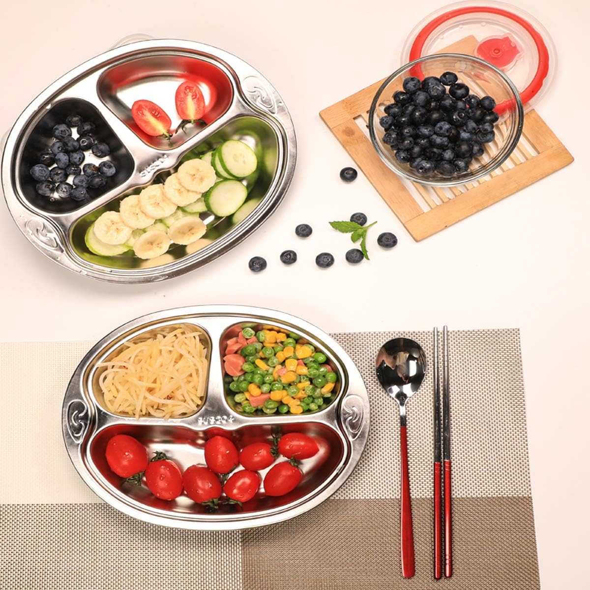 Set of 2 Stainless Steel Rectangular Divided Plates Tray 5 Sections Dinner Plates for Adults - Unbreakable Metal Plate for Campers, and Portion Control Reusable Plate