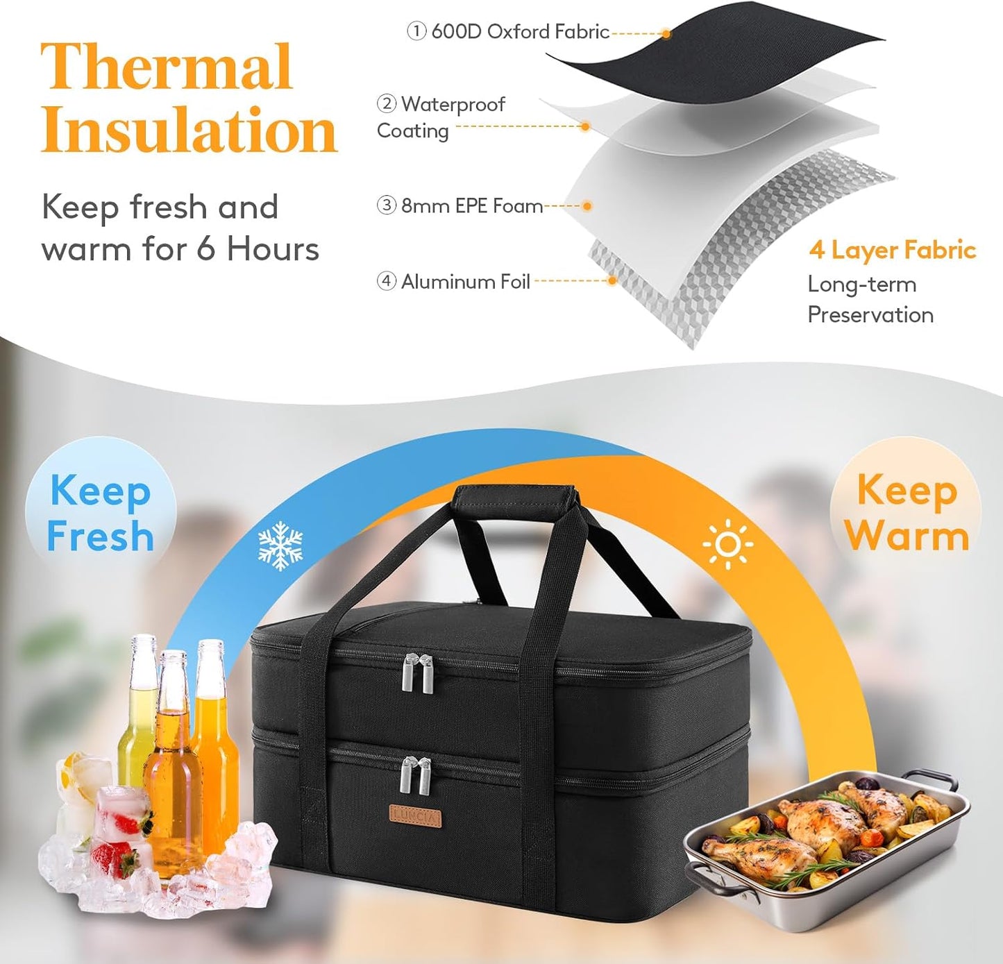 LUNCIA Insulated Single Decker Casserole Carrier, Lasagna Lugger Tote Keeps Food Hot or Cold, Thermal Lunch Bag for Potluck Parties, Picnic and Cookouts, Fits 9" x 13" Baking Dish, Black