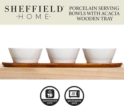 Sheffield Home 10oz Wooden Chip and Dip Serving Set - Chips and Dip Platter with Removeable Dip Bowls - Chip and Dip Serving Dish & Condiment Tray for Barbecues, Buffets and Parties