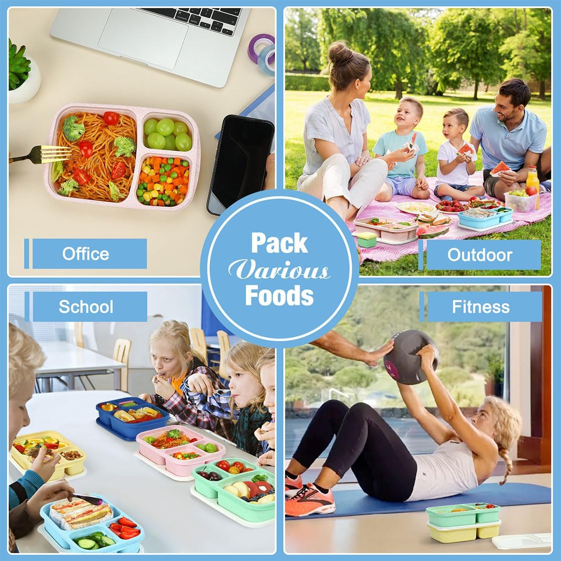 Caperci Bento Lunch Box Containers for Adults & Kids - 3-Compartment Reusable Meal Prep Containers with 2 Sauce Containers for School, Work, Travel, Wheat Straw, 4-Pack (Vintage Colors)