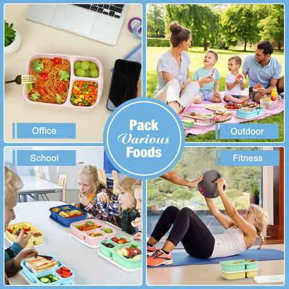 Caperci Bento Lunch Box Containers for Adults & Kids - 3-Compartment Reusable Meal Prep Containers with 2 Sauce Containers for School, Work, Travel, Wheat Straw, 4-Pack (Vintage Colors)