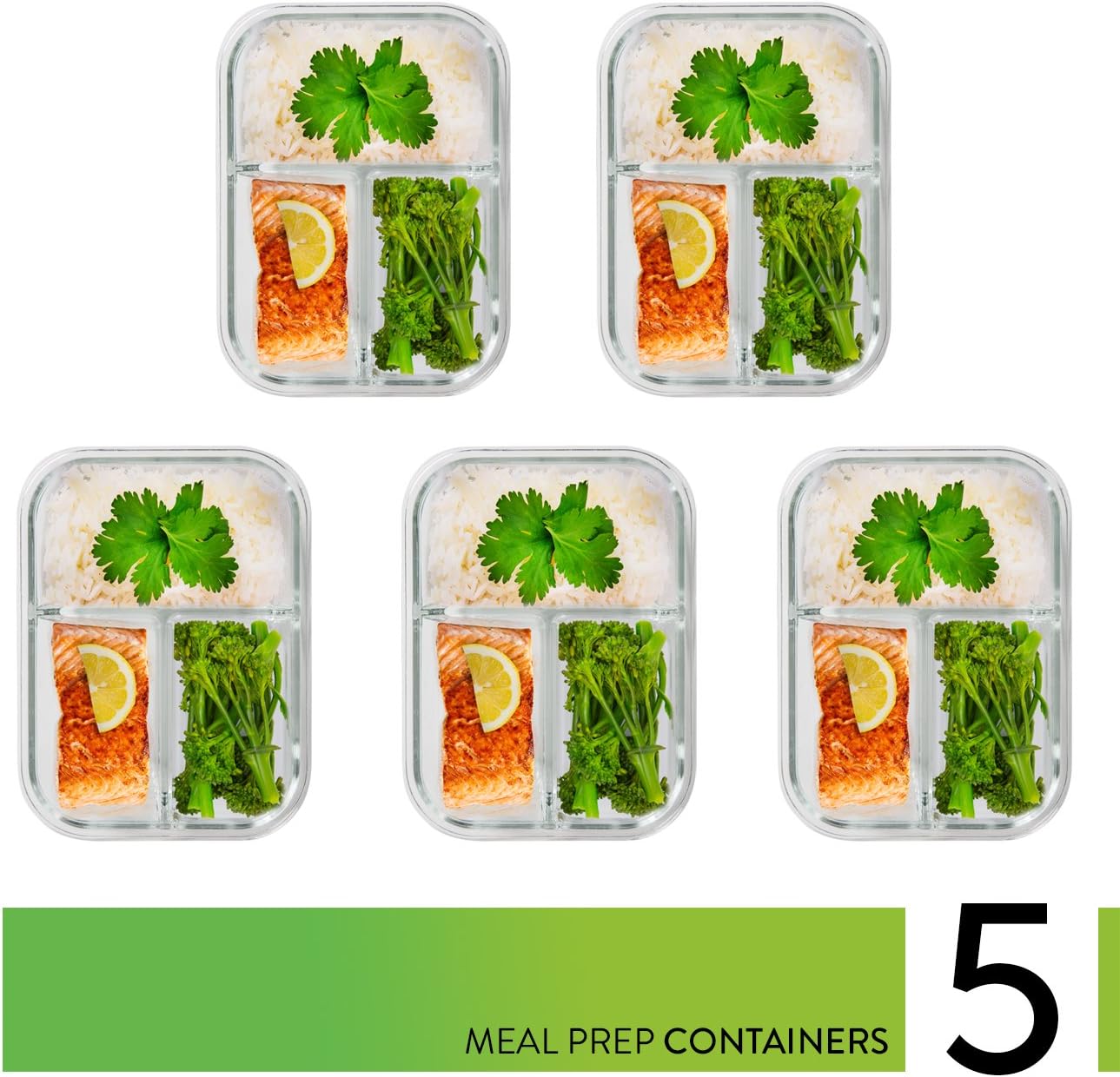 PrepNaturals 5 Pack 30 Oz Glass Meal Prep Containers - Dishwasher Microwave Freezer Oven Safe - Glass Storage Containers with Lids (Multi-Compartment)