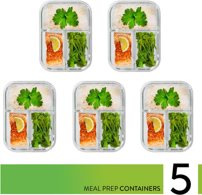 PrepNaturals 5 Pack 30 Oz Glass Meal Prep Containers - Dishwasher Microwave Freezer Oven Safe - Glass Storage Containers with Lids (Multi-Compartment)