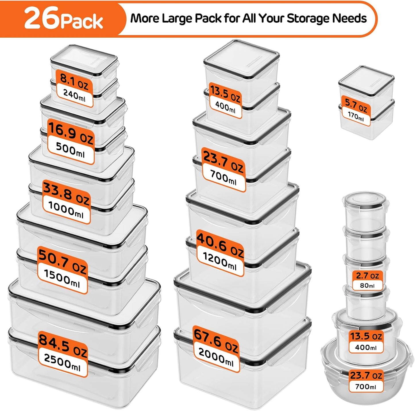 JSCARES 62 PCS Large Food Storage Containers with Lids Airtight (31 Lids & 31 Containers)- Reusable Plastic Leakproof Meal-Prep Container for Kitchen Storage Organization Microwave/Dishwasher Safe