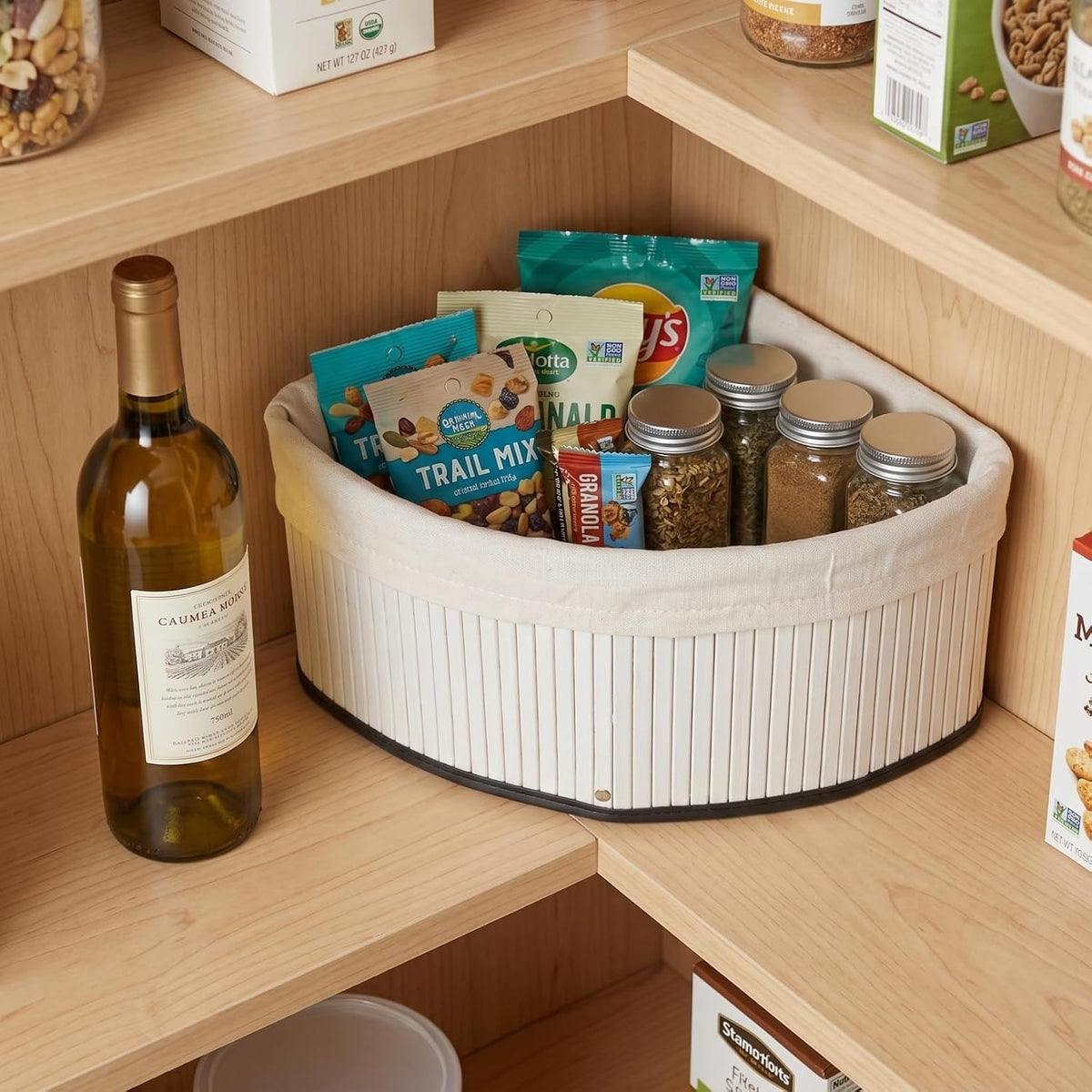 Corner Triangle Storage Basket for Shelves: Bamboo Woven Triangle Storage Bin with Removable Liner, 90 Degree Fan-Shaped Organizer for Kitchen Cabinet, Bathroom, Pantry, Closet, 10x6.3"
