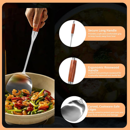 304 Stainless Steel Wok Utensils Set, 3-Piece 15 Inch Extra Long Professional Wok Tools with Wooden Handle, Includes Spatula, Skimmer & Soup Ladle for Carbon Steel Wok