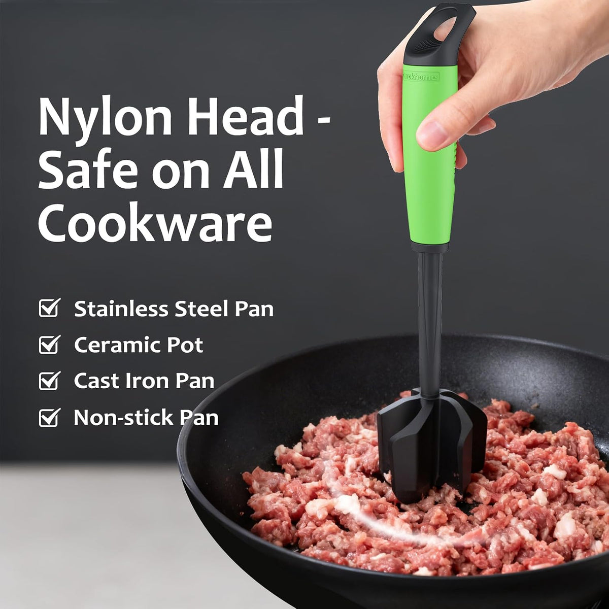 Ourokhome Meat Chopper and Potato Masher, Heat Resistant Nylon Ground Beef Smasher for Hamburger, 5 Curved Blades Nonstick Safe Mixer & Stirrer, Practical Kitchen Gadgets, Mint
