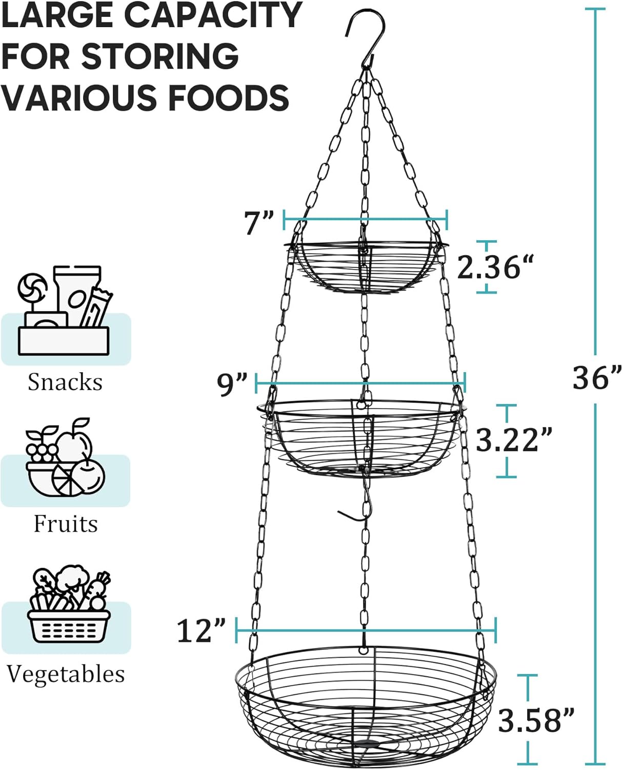 FANGSUN 3-Tier Hanging Fruit Basket for Kitchen Counter with Banana Hook, 36-Inch Heavy-Duty Wire Fruit Baskets with Leaf-Shaped Bracket for Kitchen Organizing Potato & Vegetable