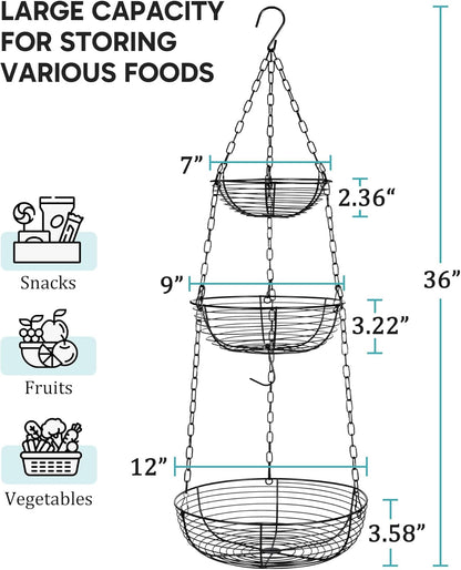 FANGSUN 3-Tier Hanging Fruit Basket for Kitchen Counter with Banana Hook, 36-Inch Heavy-Duty Wire Fruit Baskets with Leaf-Shaped Bracket for Kitchen Organizing Potato & Vegetable