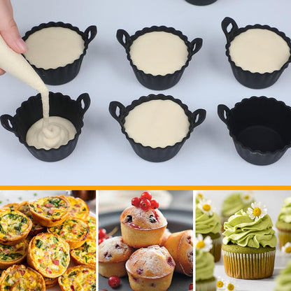 Koluti Nonstick Silicone Muffin Baking Cups Pack of 12, Reusable Cupcake Molds with Double Handle, BPA Free, Mini Round Air Fryer Cupcakes Liner, 3 Colors