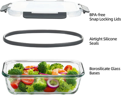 Glass Food Storage Containers 10 Pack - 22Oz Meal Prep Container Set with Lid, Airtight Snap Lock, Microwave Freezer Oven Dishwasher Safe, Lunch Box for Work, Grey