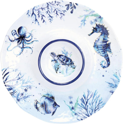 UP Sea Life Melamine Chip and Dip Serving Tray, Round Serving Platter for Chips, Salsa, Fruit, and Snacks, Multicolor, 13.5 Inch
