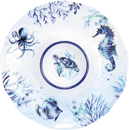 UP Sea Life Melamine Chip and Dip Serving Tray, Round Serving Platter for Chips, Salsa, Fruit, and Snacks, Multicolor, 13.5 Inch