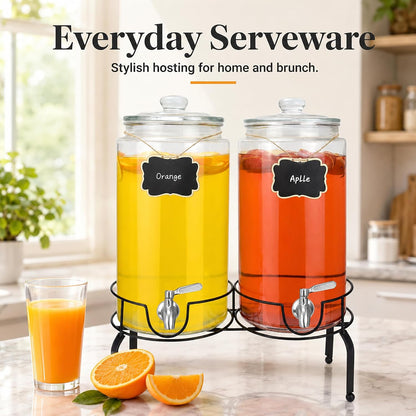 1 Gallon Beverage Dispenser 1 Pack, Stainless Steel Spigot Drink Dispenser for Parties with Stand, Clear Glass Drink Container Easy to Refill and Clean