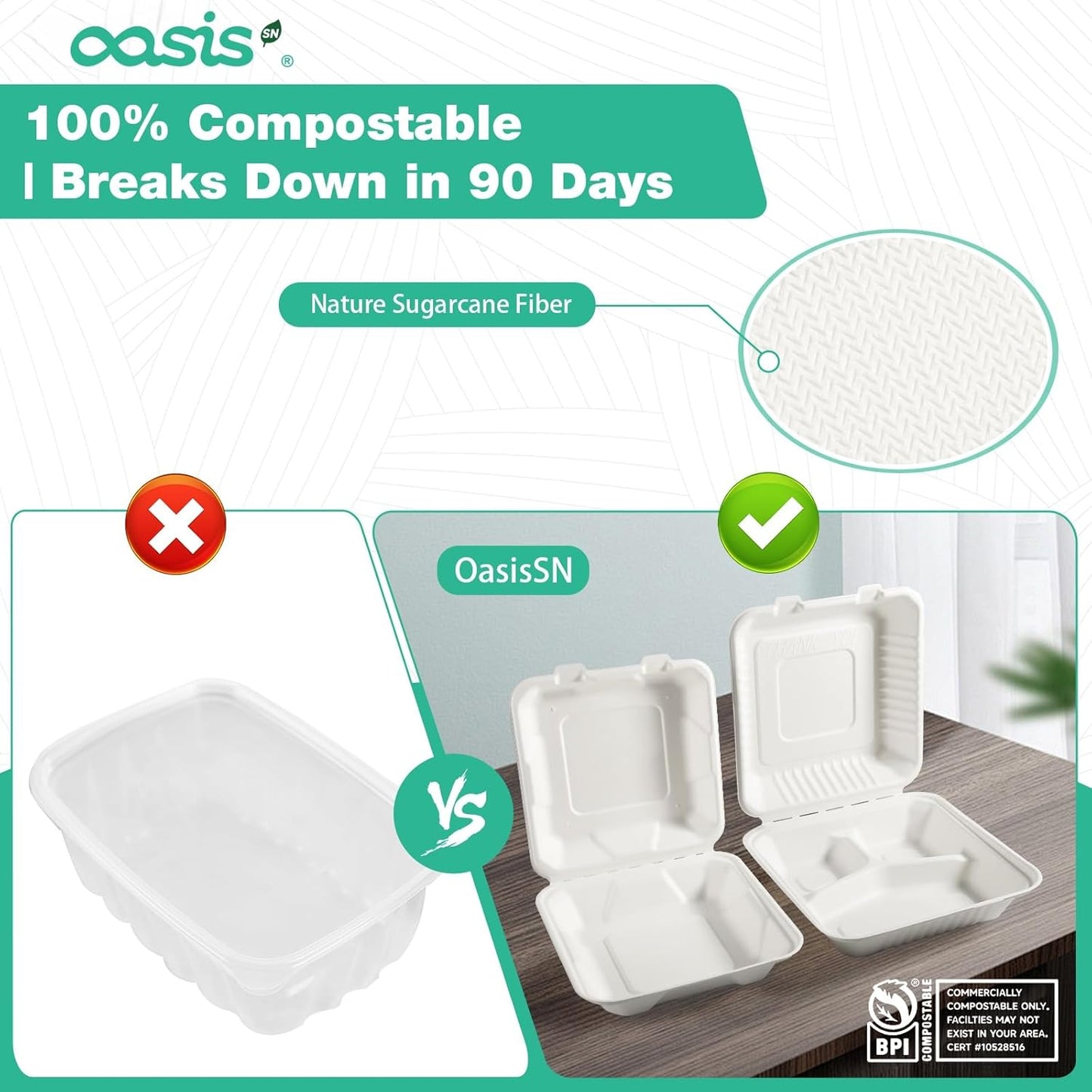 𝟴𝘅𝟴", 𝟲𝟴-𝗣𝗮𝗰𝗸 3-Compartment Clamshell Takeout Containers, 100% Compostable Heavy-Duty Disposable Paper Lunch Boxes(White)