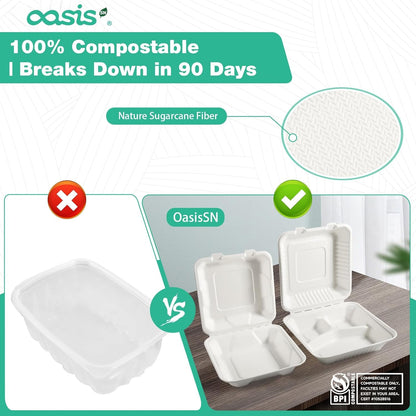 𝟴𝘅𝟴", 𝟲𝟴-𝗣𝗮𝗰𝗸 3-Compartment Clamshell Takeout Containers, 100% Compostable Heavy-Duty Disposable Paper Lunch Boxes(White)
