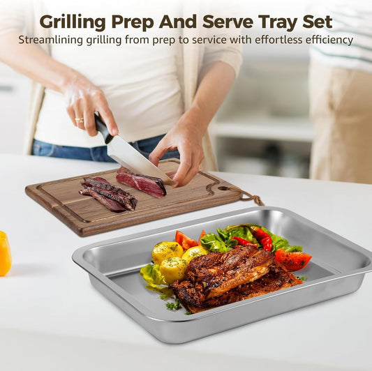 OMISTAR 3 Pcs Grilling Prep and Serve Tray Set, Includes a Stainless Steel Marinade Container with Lid, a Rectangular Food Prep Tray, and a Acacia Cutting Board, Perfect BBQ Grill Accessories